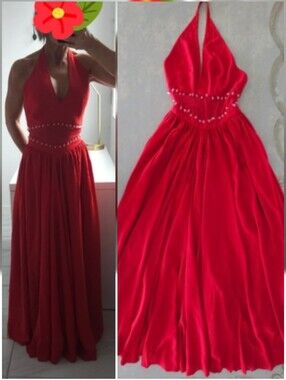 Arnold Scassi Boutique For Martini Vintage Cherry Red Crystal Halter Gown